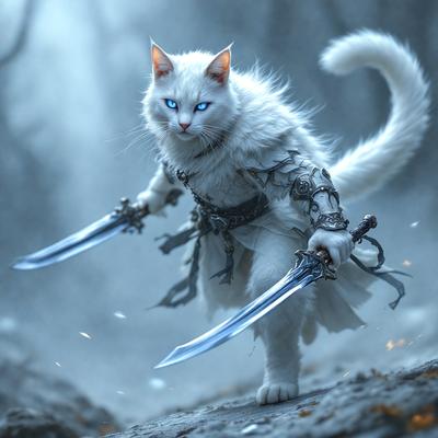 The primary subject of the image is a white cat with blue eyes, wearing a white outfit and holding two swords. The cat appears to be a character in a fantasy setting, possibly a video game or an animated series. The setting is a dark, foggy forest, which adds to the overall mood of the image. The visual style is a combination of digital art and illustration, creating a unique and captivating scene.